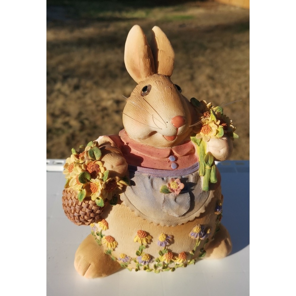 Bunny Rabbit Figurine With Flowers Resin 9.5" Tall